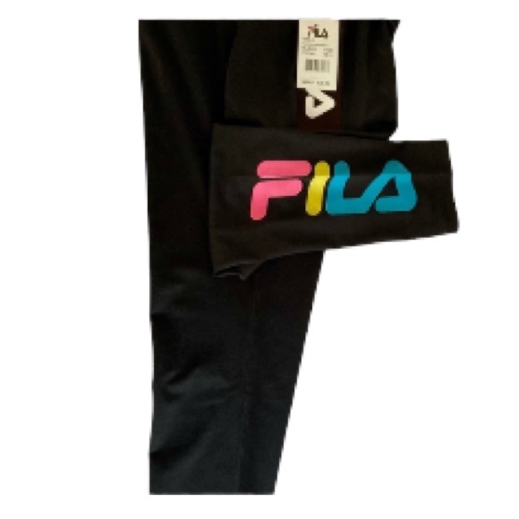 FILA Athletic Sports Leggings Black with Pink Yellow Blue Girls size 10 12 - Picture 1 of 7